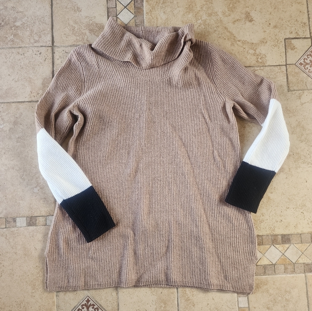 J. Jill Taupe Turtleneck Sweater with Black & White Sleeve Blocks